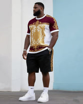 Big & Tall Men's Daily Casual Color Matching. Vintage Bronzing Printed Crewneck T-Shirt Shorts Suit